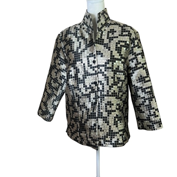CONNIE ROBERSON Silk Silver Metallic Topper Jacket Blazer Open Jacquard Sz Large - Picture 3 of 9
